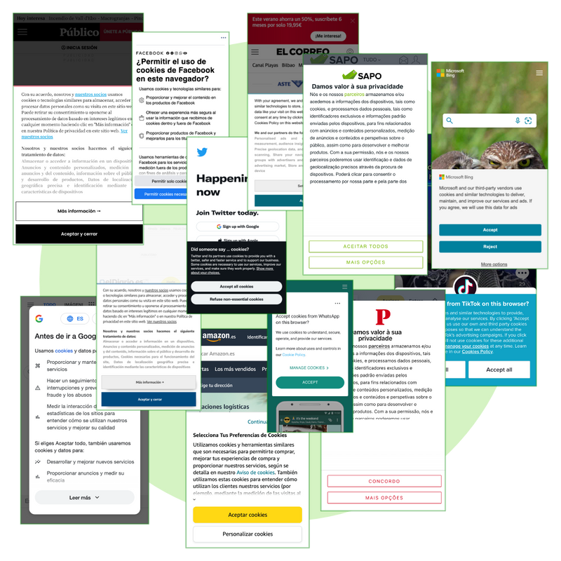 Capturas de pantalla de consentimiento de cookies